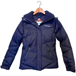 Columbia 'Lay D Down' Navy Blue Omni-Heat Insulated Winter Coat Faux Fur Hood–XS